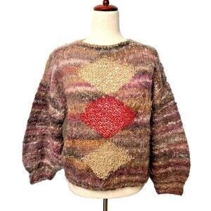 Vtg Nordstrom Italy Women's M Kid Mohair Sweater Open Knit Fuzzy Boxy Suede Wool